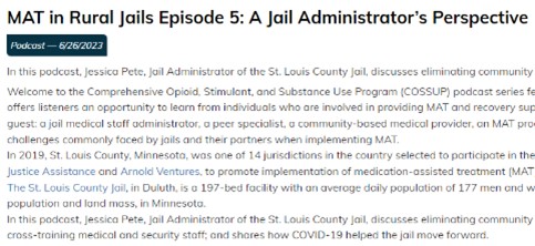 Thumbnail for MAT in Rural Jails Episode 5: A Jail Administrator’s Perspective